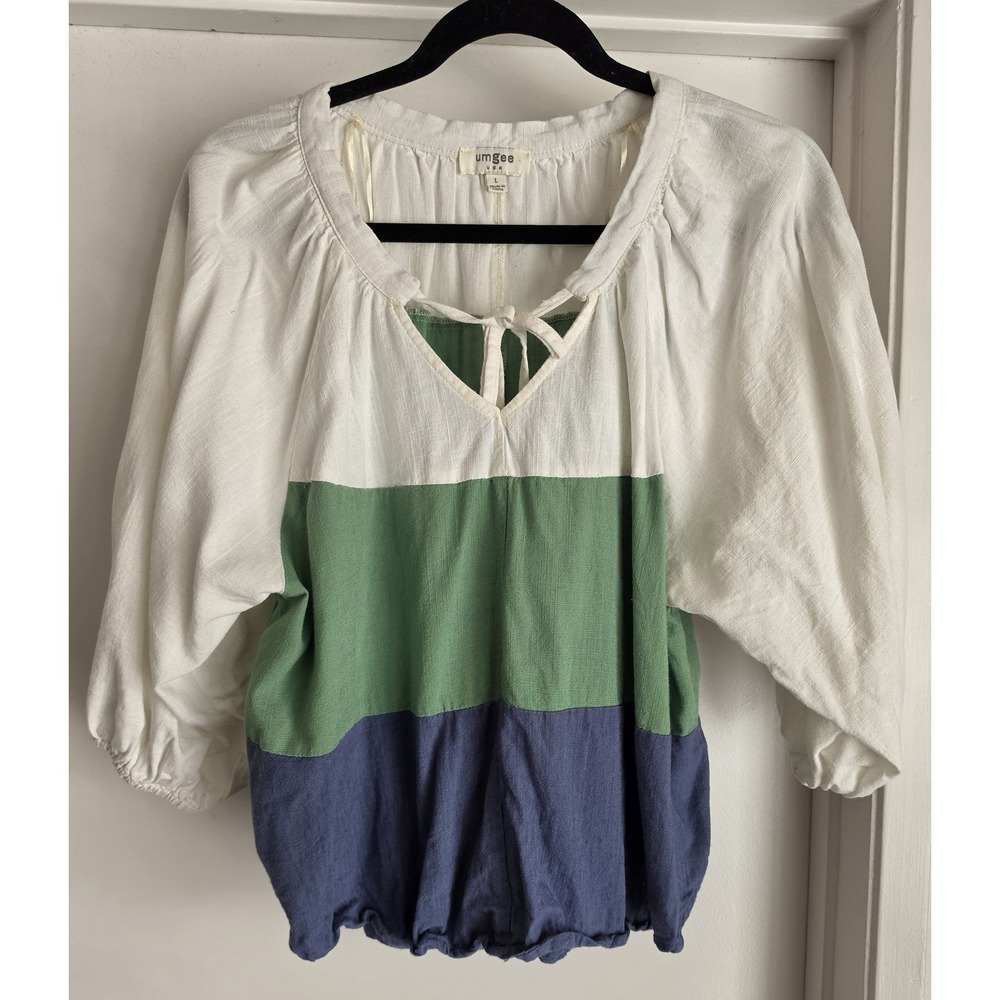 Umgee Blouse Womens L V-Neck 3/4 Sleeve Colorblock White Green Blue Boho Top